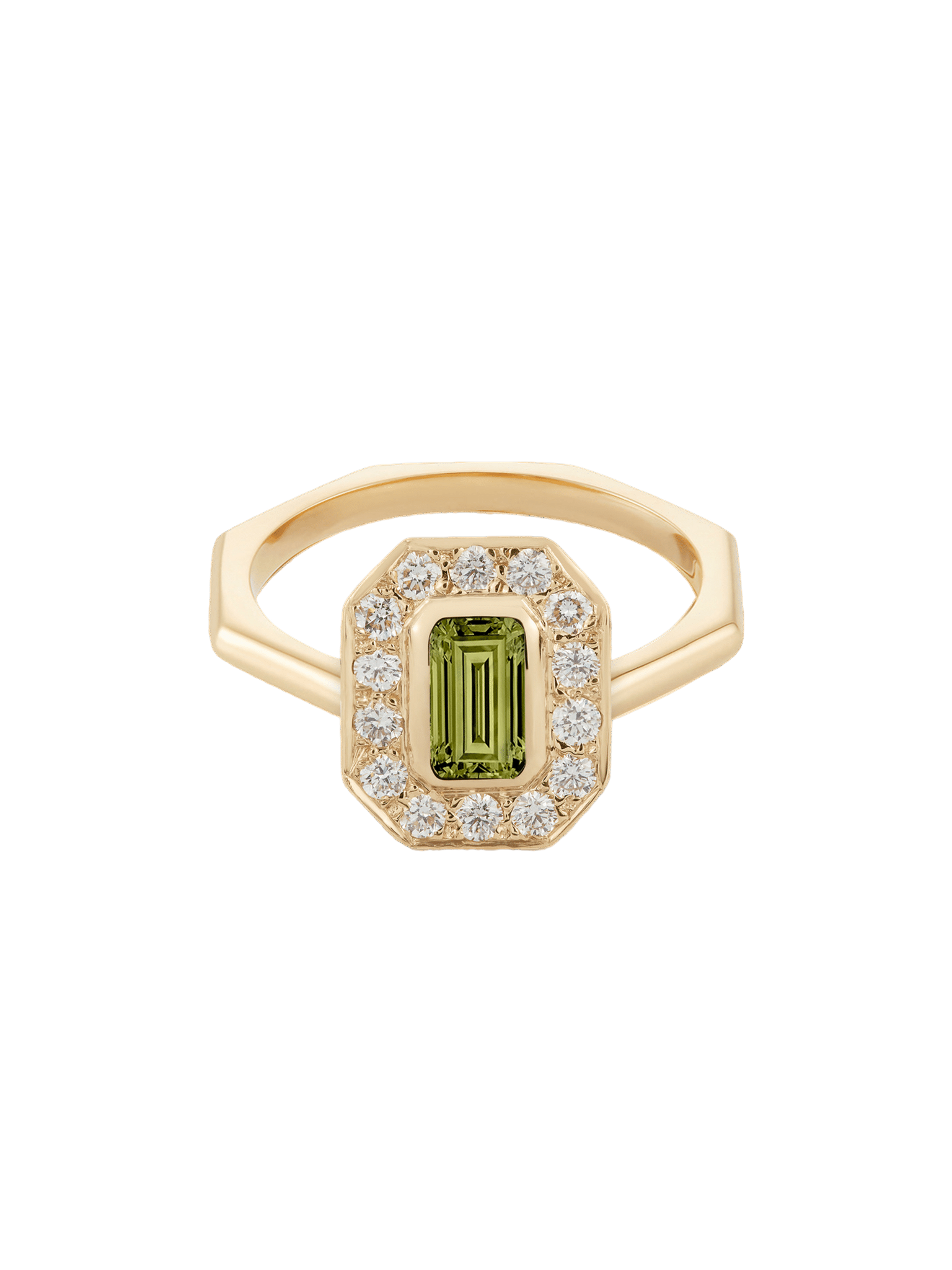 Emerald cut peridot halo ring
